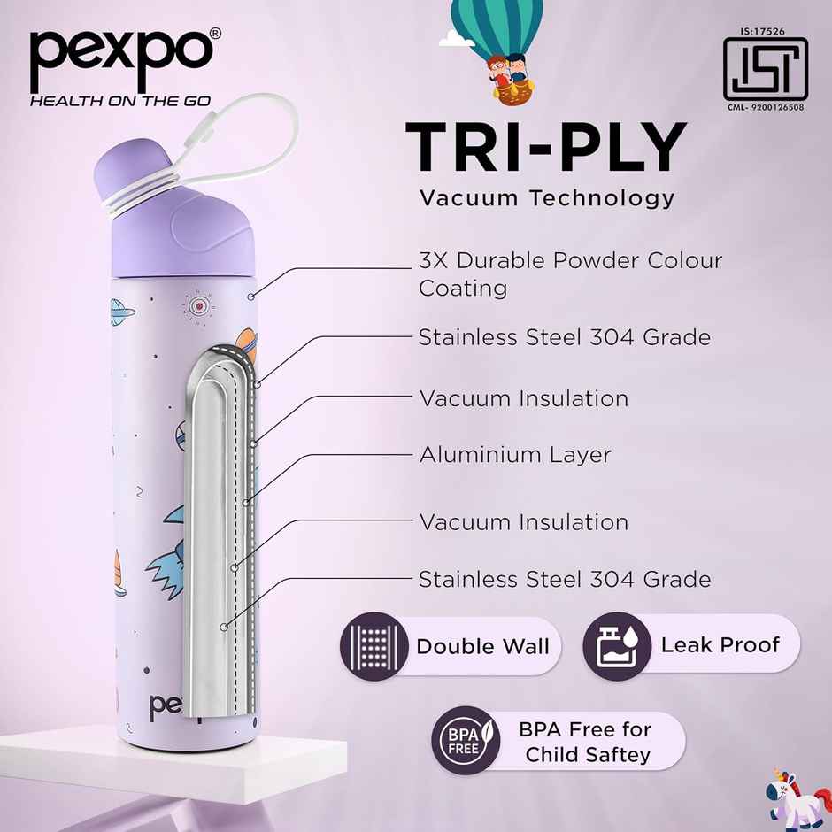 Pexpo Pico Cute Sipper | 500 ml | Hot & Cold Steel Bottle | Rocket Uv Printed Design