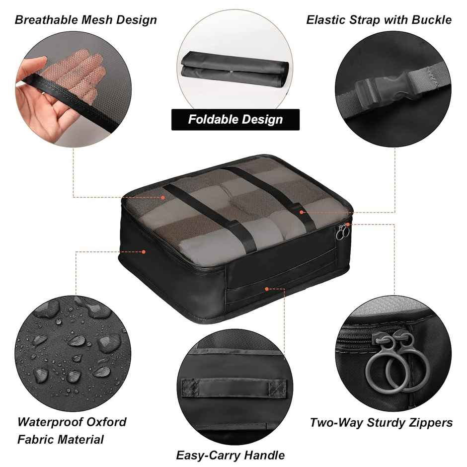 Lazer Polyester Travel Organizer Bag 3 Packing Cubes + 3 Pouches + 1 Toiletry Organizer Bag | Black