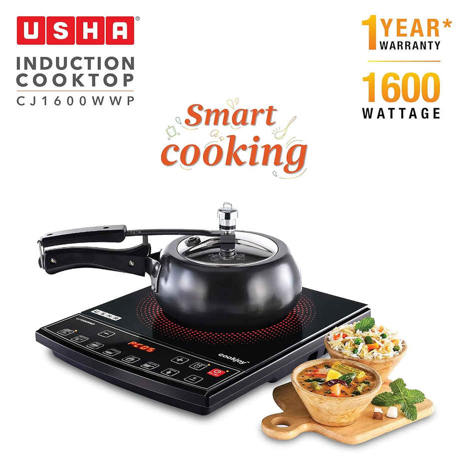 USHA Induction Cooktop|1600 W Push Button| Pan Sensor| 6 Pre-Set Menu| 8-Stage Power Setting|Black