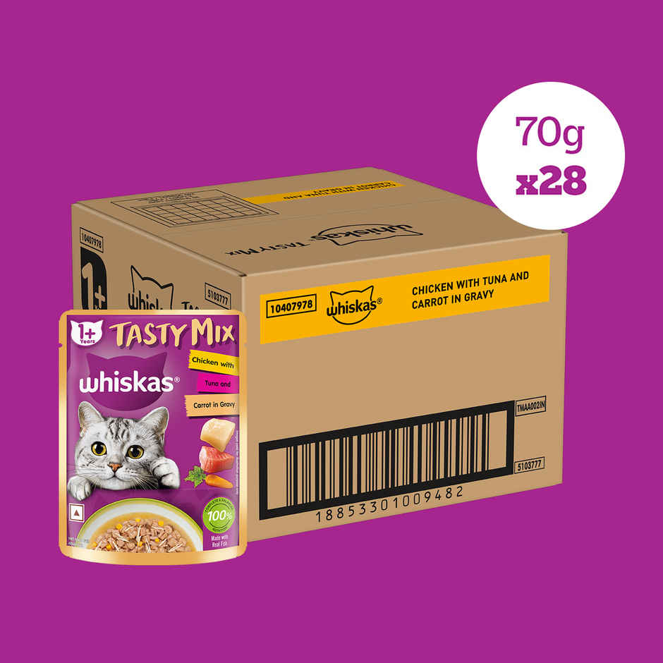 Whiskas Tasty Mix Adult Wet Cat Food, Chicken with Tuna & Carrot in Gravy