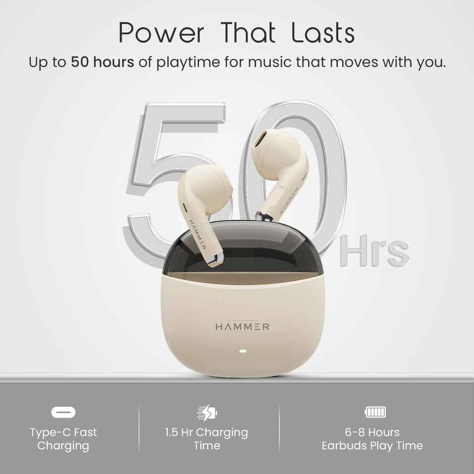 Hammer Ultra Pods True Wireless Earbuds | In-Built Mic | 100H Standby Time | Beige