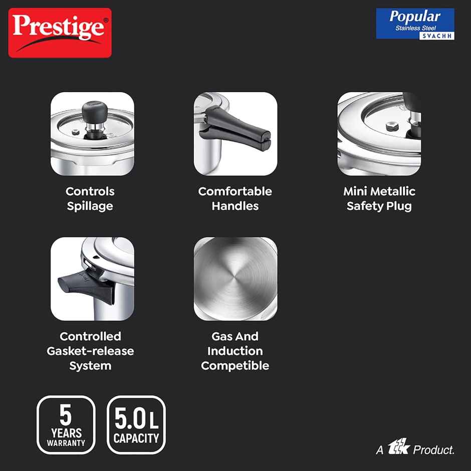 Prestige Popular Svachh SS Pressure Cooker 5L,Controls Spillage,Gas and Induction Compatible,Silver