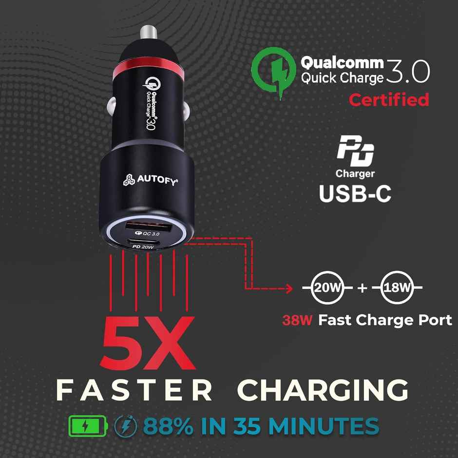 Autofy 38W | 20W Power Delivery Type-C + 18W Qc Certified Qc 3.0 Fast Car Mobile Charger
