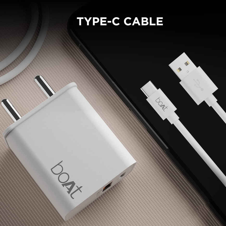 boAt WCDV 22.5W Dual Port Charger with 22.5W Power Delivery Support & 18W Quick Charge 3.0, Smart IC Protection, Auto Detection for Samsung, Xiaomi & Android Users with Type C to Type C Cable - White