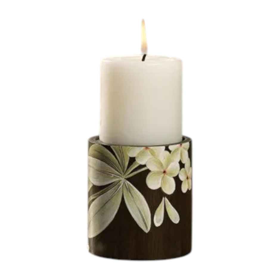 Frangipani Wooden Candle Holder | Small | Wood | Brown and olive green | Ellementry