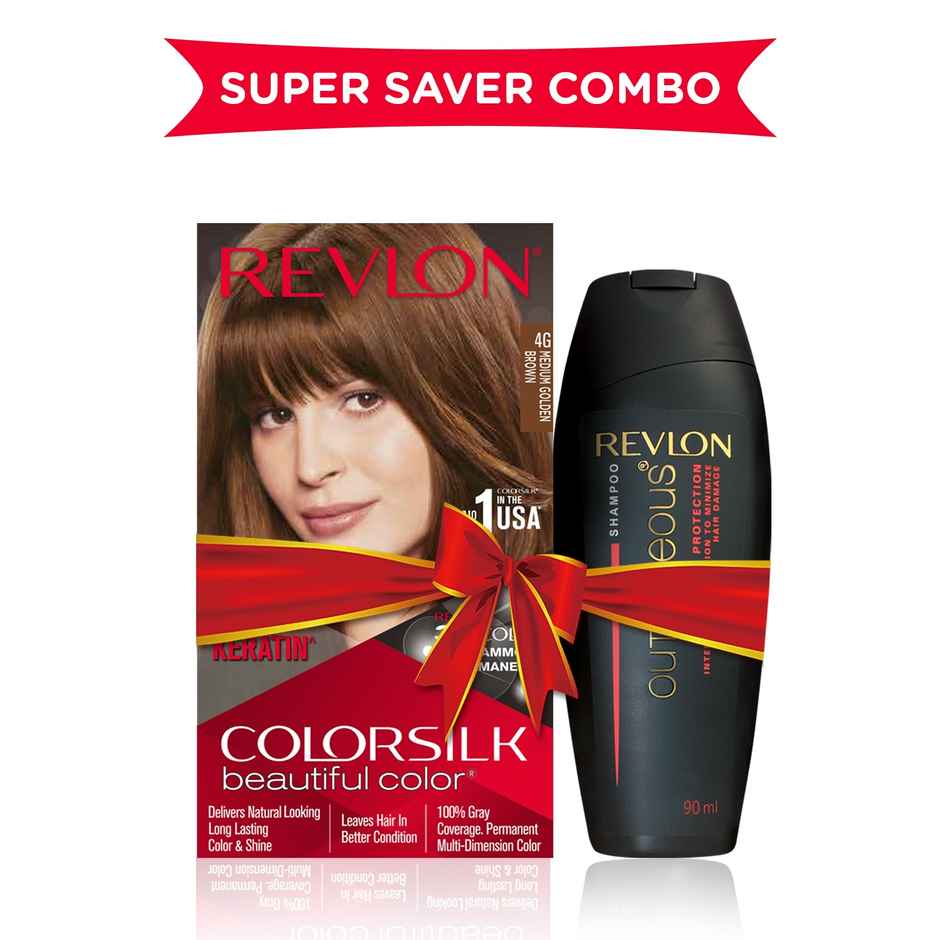 Revlon ColorSilk Hair Color with Keratin - 4G Medium Golden Brown - (with Outrageous Shampoo 90 ml)