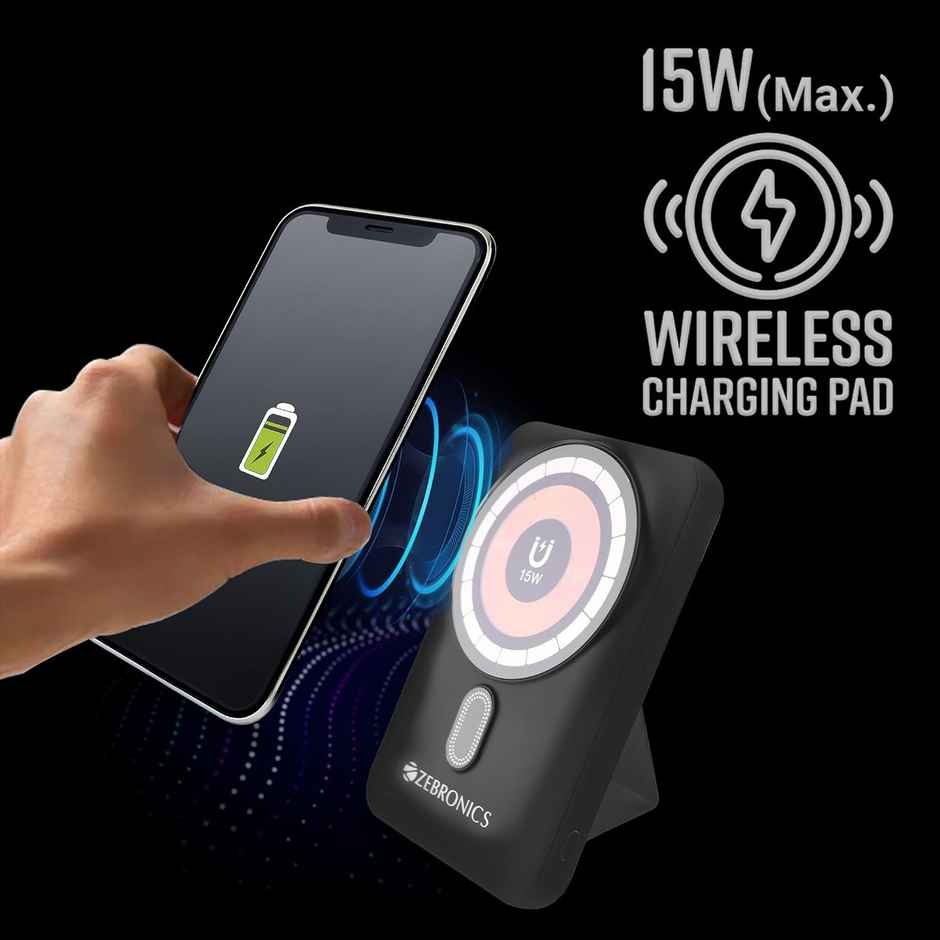 ZEBRONICS MW62 Wireless Power Bank, 10000 mAh, Rapid Charge, Built-in Wireless Charging Pad, Outputs - 22W Wired | 15W Wireless, Type C I/O | USB Output, Built-in Foldable Stand, Made In India - Black