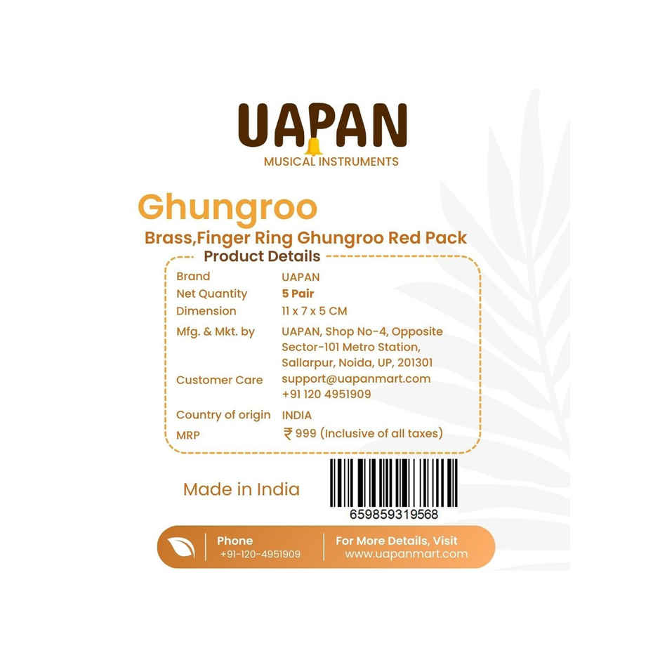 Uapan Brass Ghungroo Kadi Hand Clapping Ring Fingers, Red Pack Of 5 Pair