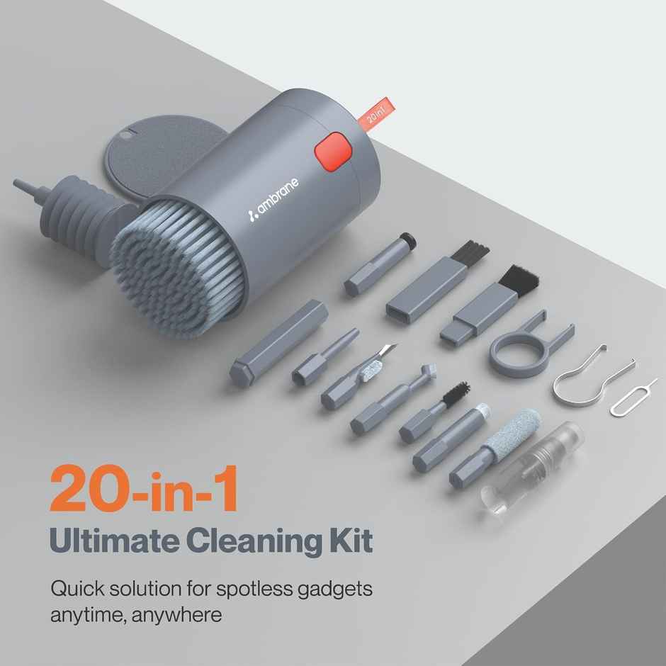 Ambrane (ACK-01) 20-in-1 Cleaning Kit for Smartphones, Tablet, PC Computer, Laptops, Keyboards, DSLR Camera Lens, Earphones, Airpods with Screen Dust Brush, Key Puller & Spray Bottle - Grey