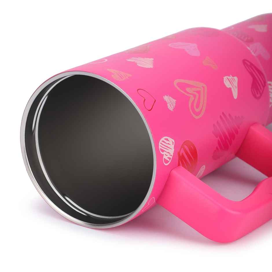 House of Quirk Stainless Steel Tumbler with Handle & Lid, 2 Straws | Rose Heart - 1200 ml