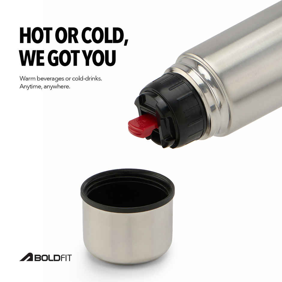 Boldfit Silver Thermosteel Water Bottle | Hot & Cold Flask with Carry Bag for Travel | 1 L