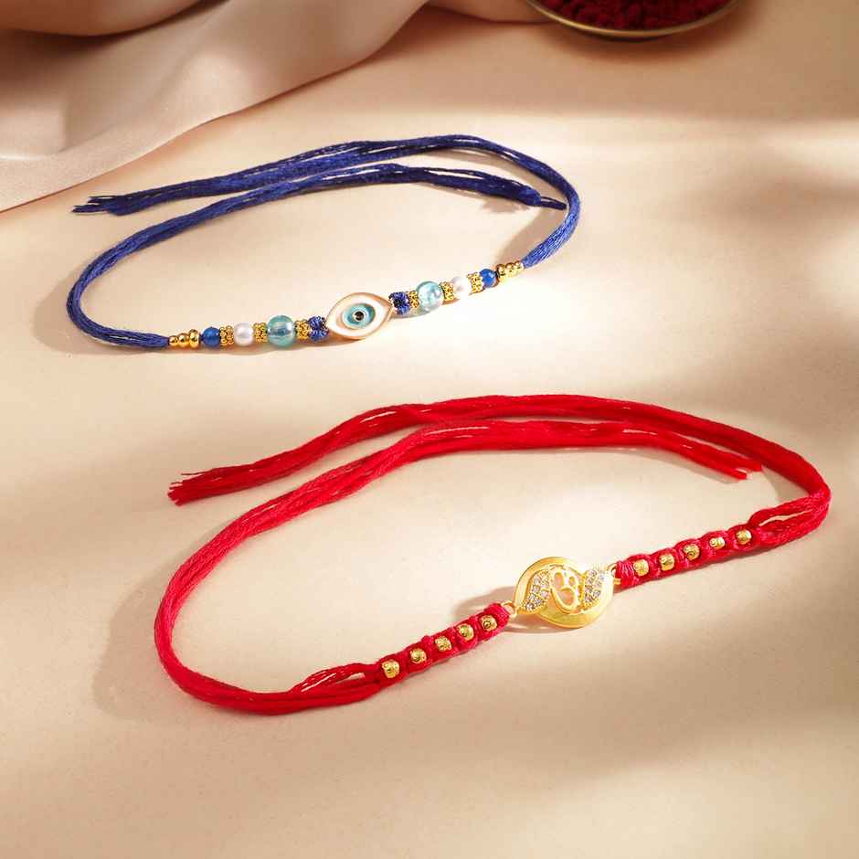 Rubans Gold Toned Evil Eye and Om Motif Stone Studded Rakhi - Protective Pair