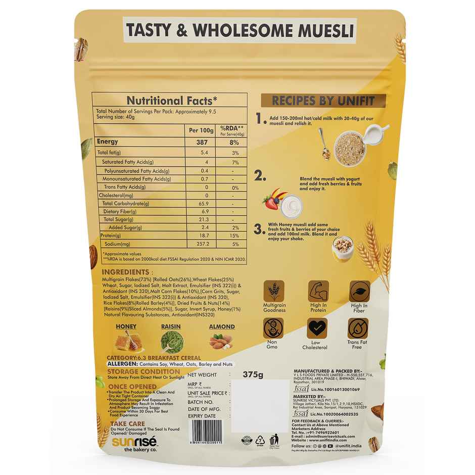 Unifit Honey Raisin Almond Muesli | Crunchy and Nutritious