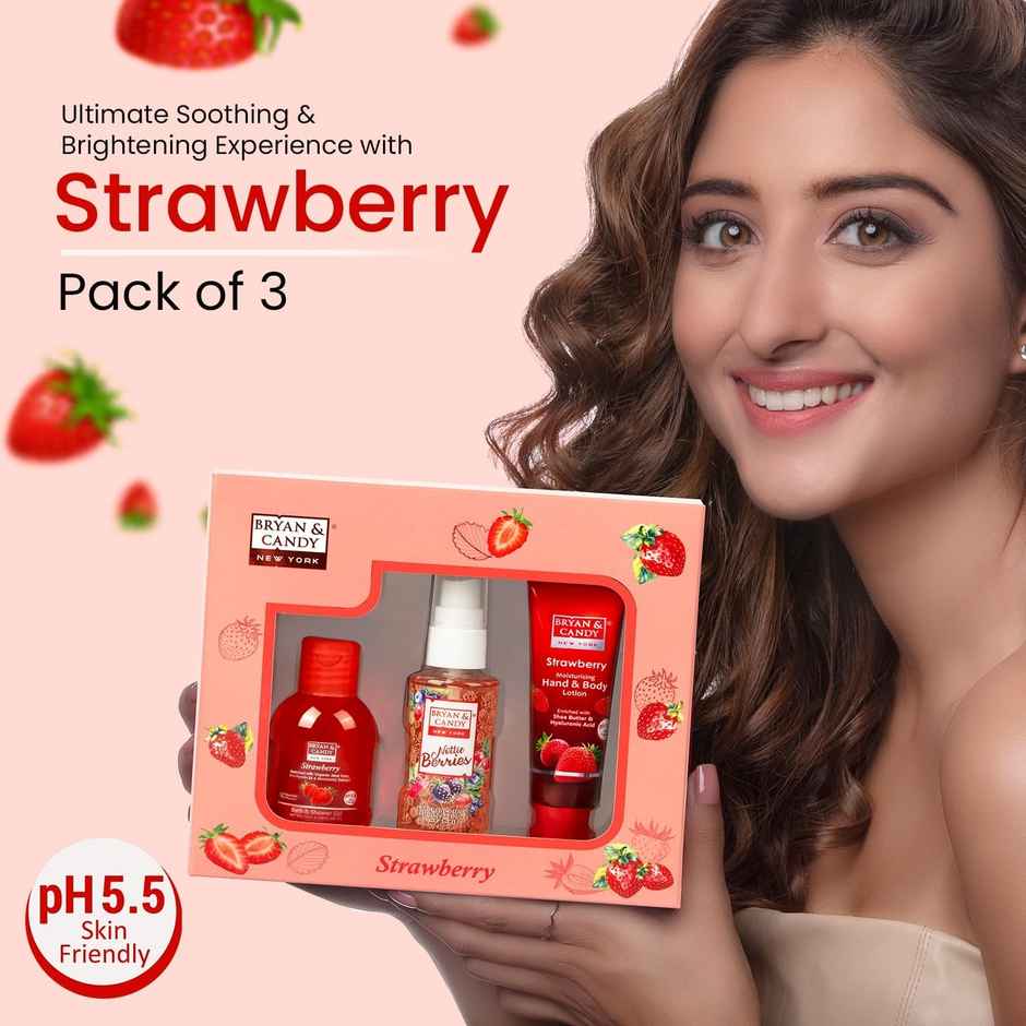 Bryan & Candy Strawberry Bath Kit|Shower Gel|Fragrance Mist|Hand-Body Lotion|Pack Of 3