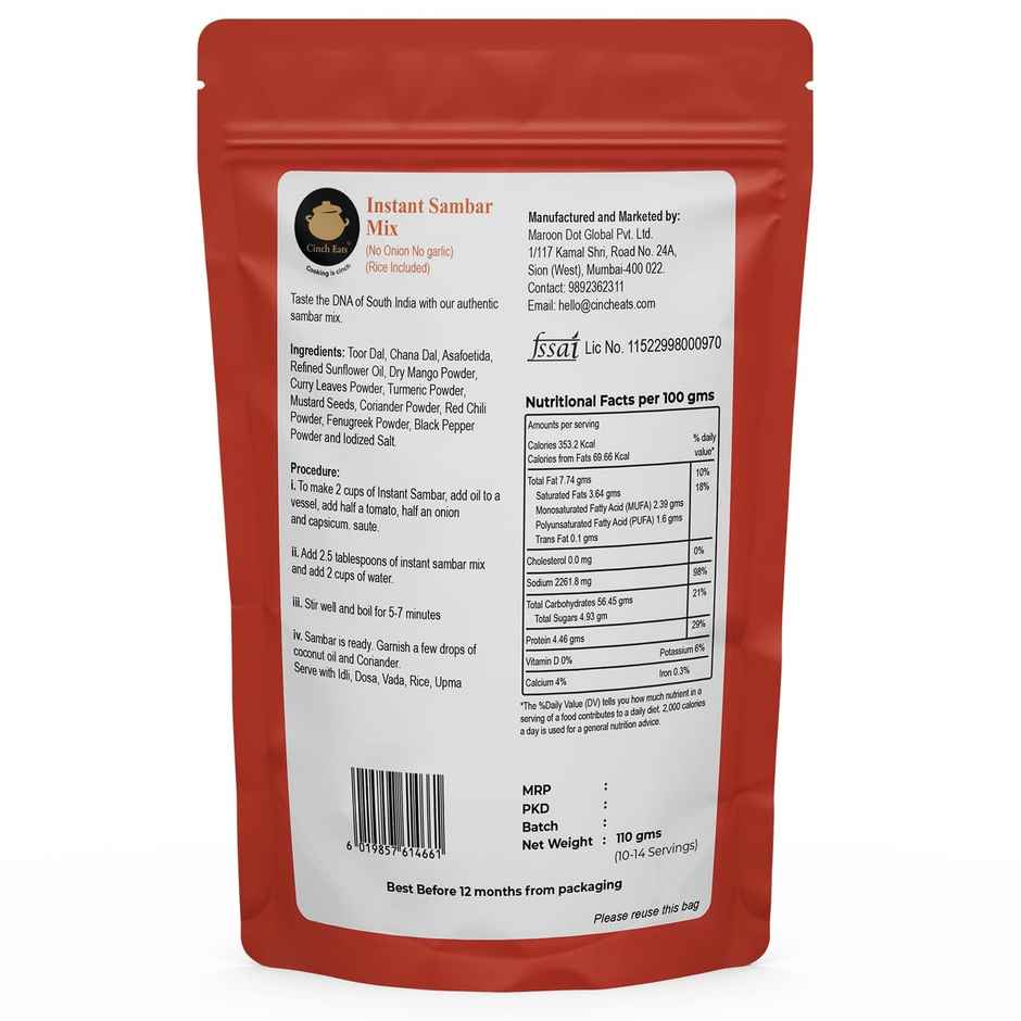 Cinch Eats Sambar Mix | Just add vegetables