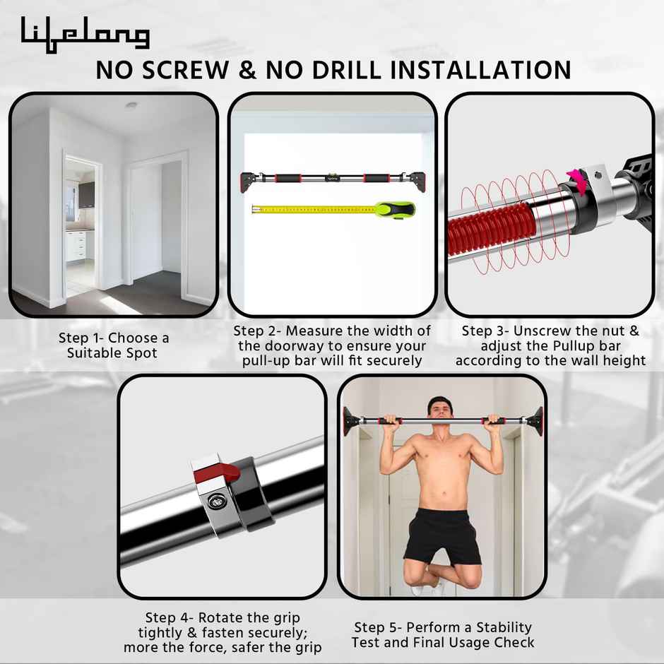 Lifelong Pull-Up Bar For Home|Adjustable|75Cm To 92Cm Width|Wall Mounted|Capacity 200Kgs