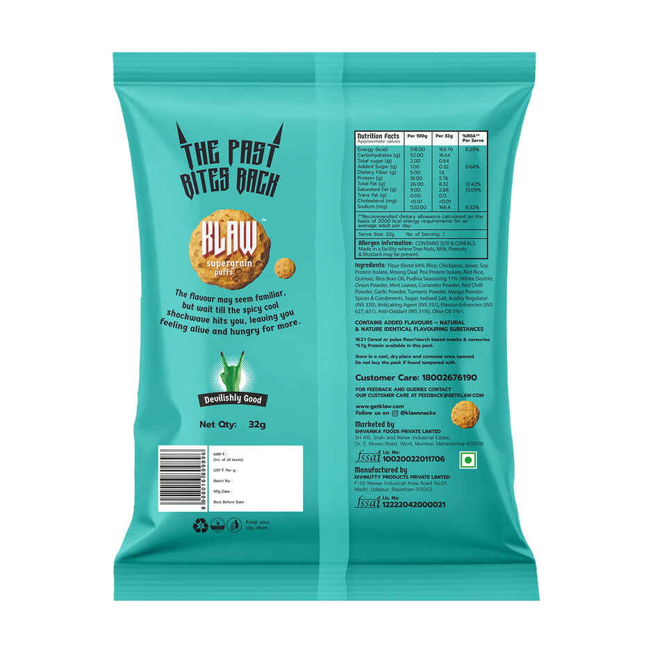 Klaw Pudina Blast Supergrain Puffs | Baked Not Fried | High Protein | Made with Olive Oil