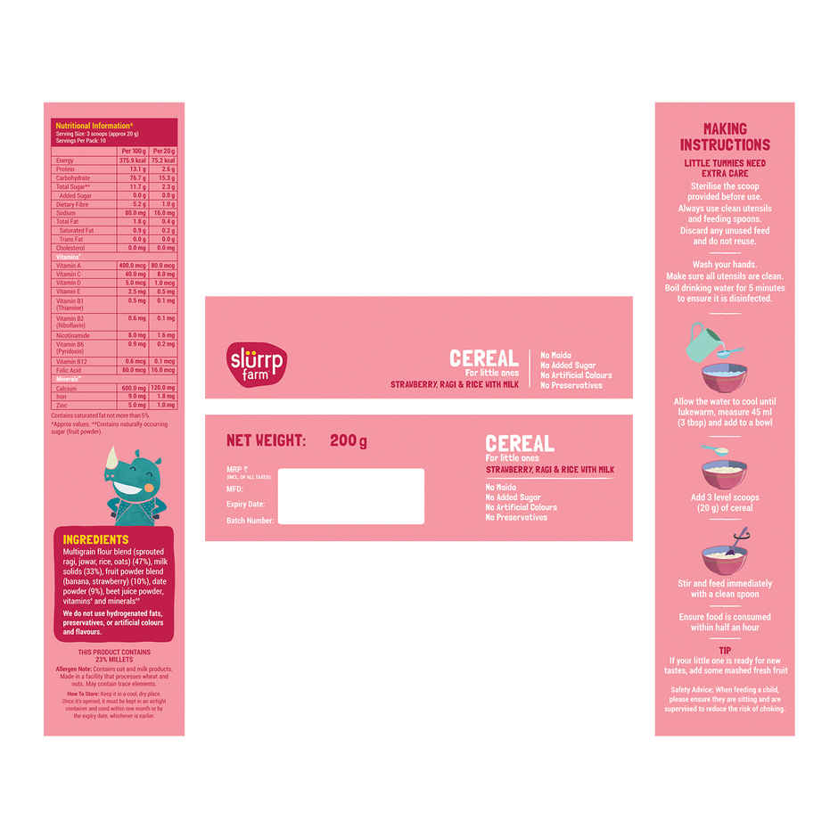 Slurrp Farm Strawberry, Ragi and Rice Cereal with Milk and No Added Sugar