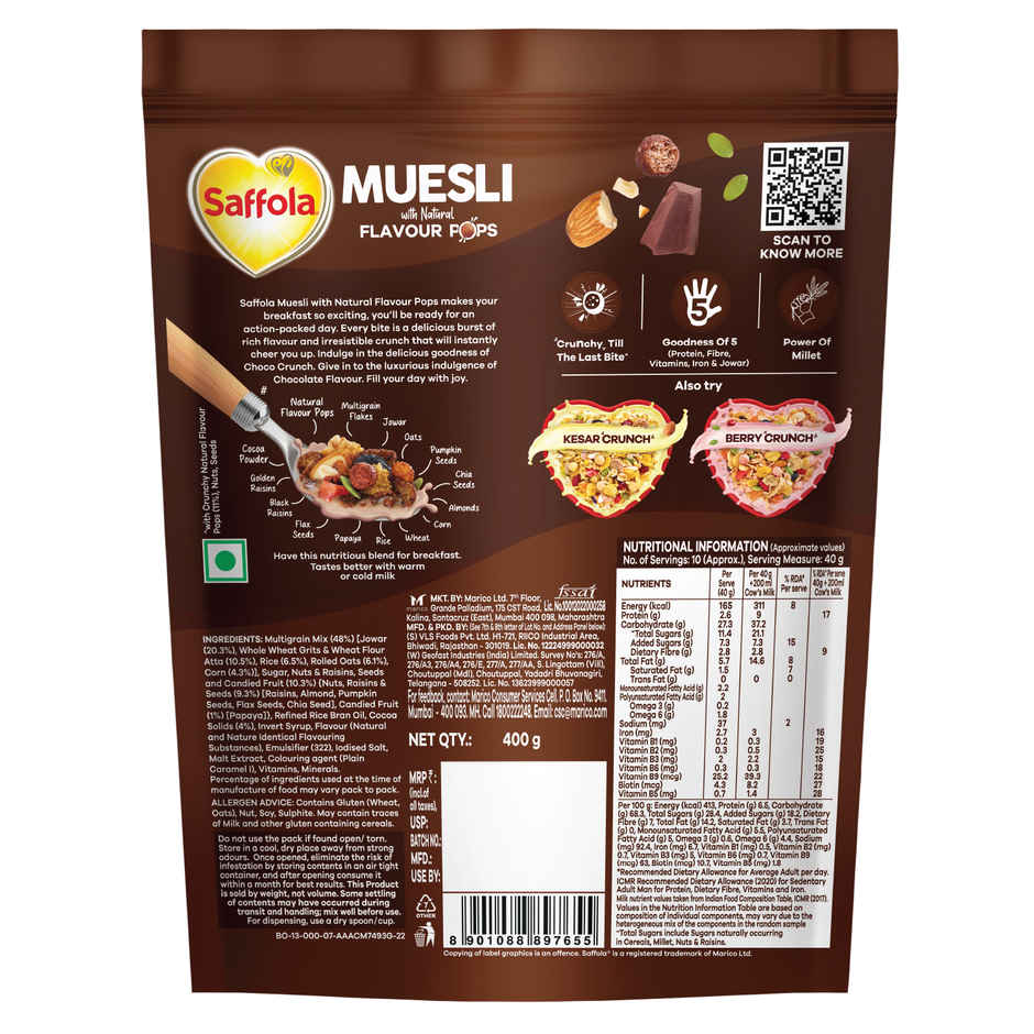 Saffola Muesli Choco Crunch With Flavour Pops, Fruits, Nuts, Seeds, Millets (15 In 1)