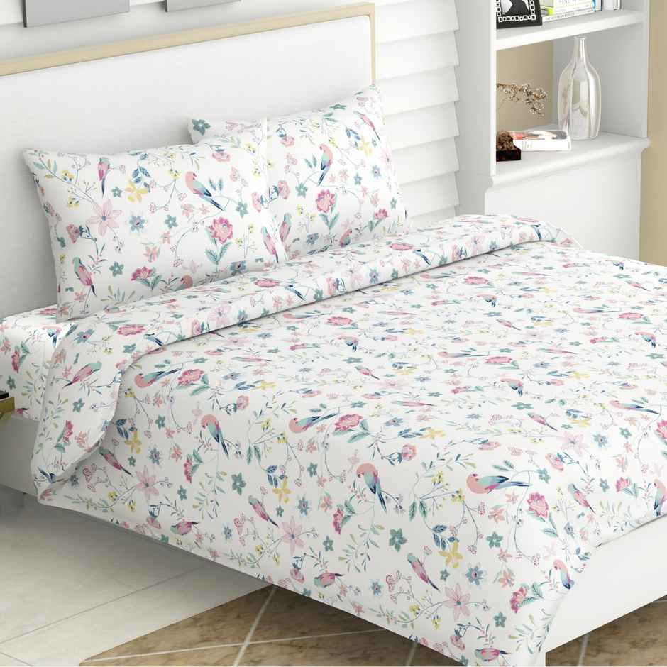 Haus & Kinder Exotic Wings King 100% Cotton Floral Bedsheet | White & Pink | 108 x 108 in