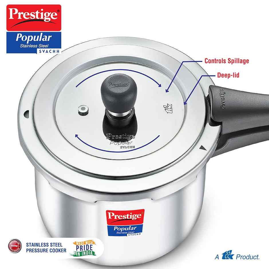 Prestige Popular Svachh SS Pressure Cooker 5L,Controls Spillage,Gas and Induction Compatible,Silver