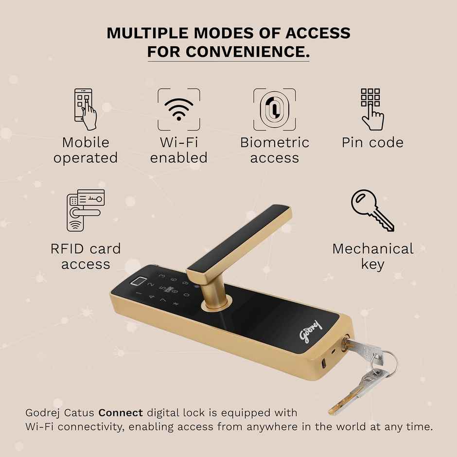 Godrej Smart Lock Catus Connect | Digital Lock | 5-in-1 Access | WiFi, Fingerprint, Pin | Gold