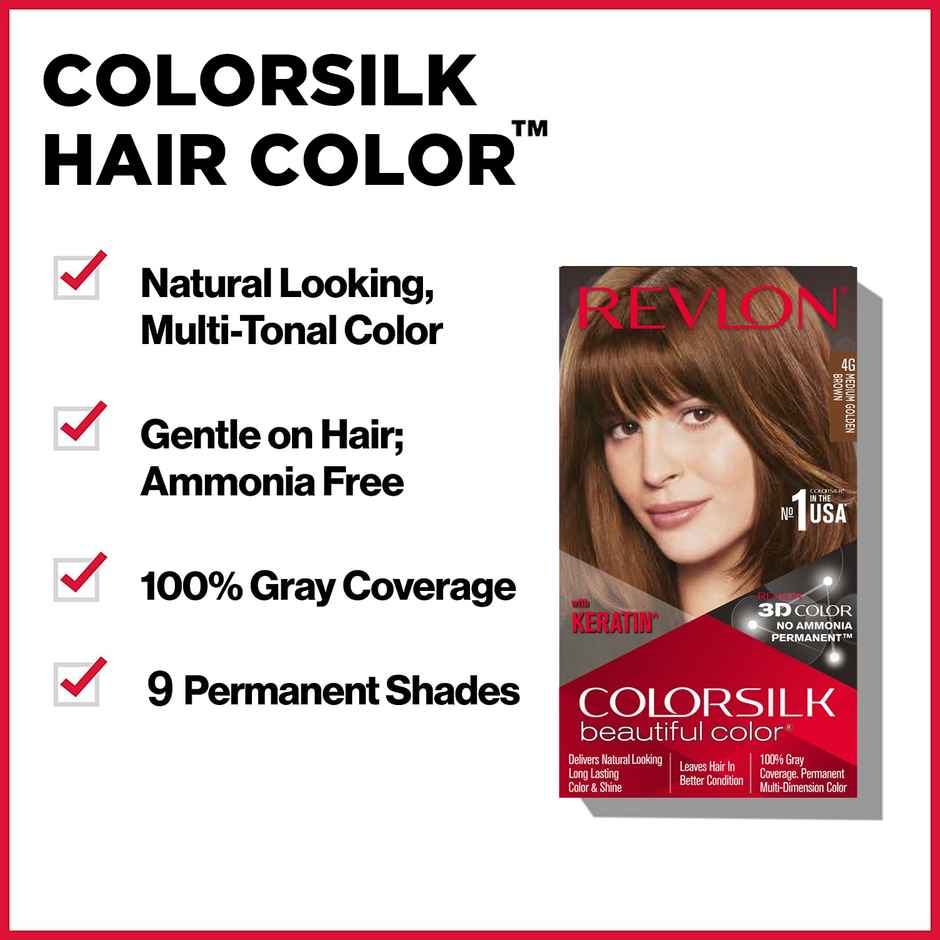 Revlon ColorSilk Hair Color with Keratin - 4G Medium Golden Brown - (with Outrageous Shampoo 90 ml)