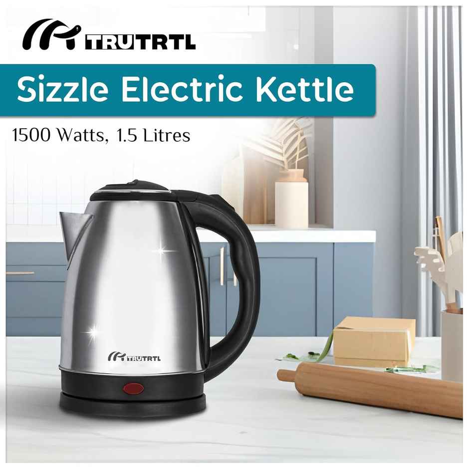 truTRTL 1500W Sizzle Electric Kettle for Boiling & Hot Water, 1.5 Litre, Inner Lid Stainless Steel, 0.26mm thick SS body, Auto cut off - Silver & Black