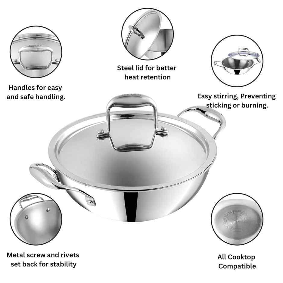 Vinod Platinum Triply Stainless Steel Extra Deep Kadai With Lid- 24 Cm, 3.2 L (Induction Friendly)