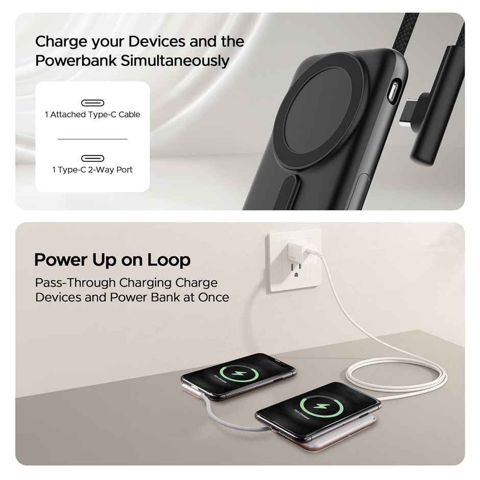 boAt Energyshroom PB330 MagnaCharge 10000 mAh Magnetic Wireless Power Bank w/ 15W Wireless Charging, Metal Stand,Magnacharge Ring for iPhone and Android Phones w/Wireless Charge - White