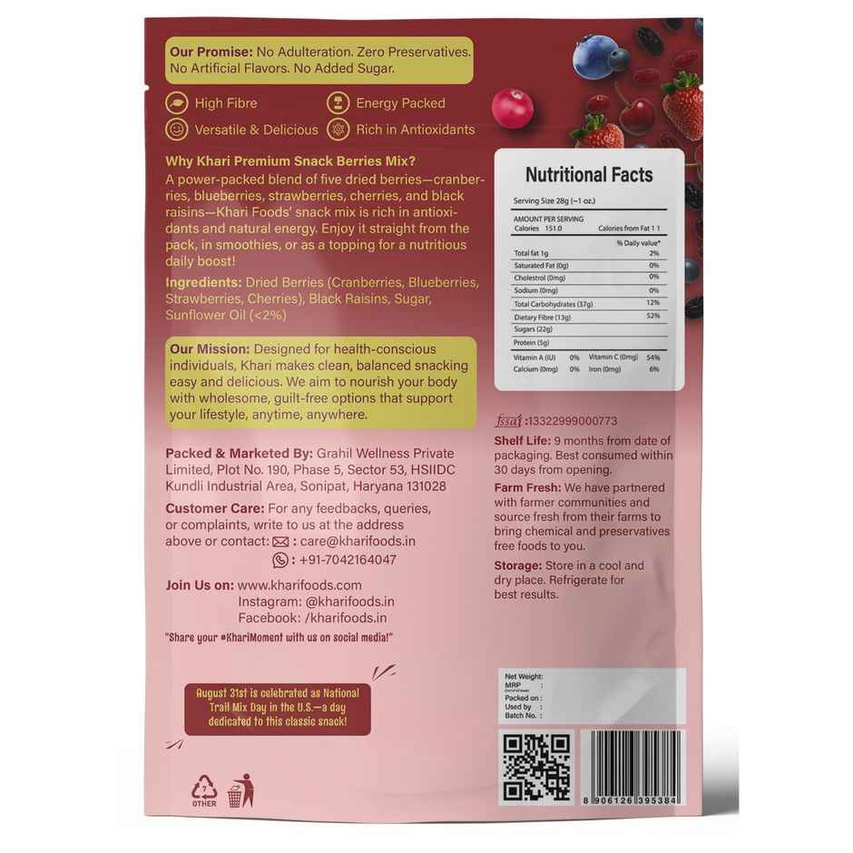 Khari Foods Premium Berries Dried Trail Mix | Cranberry, Blueberries, Black Raisins, Strawberries