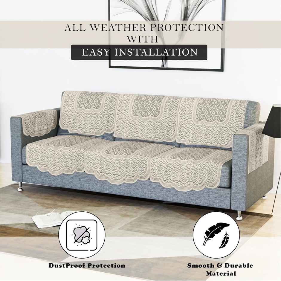 Kuber Industries Zig Zag Printed Net 5 Seater Sofa Cover with Arms Cover for Hall|Cream