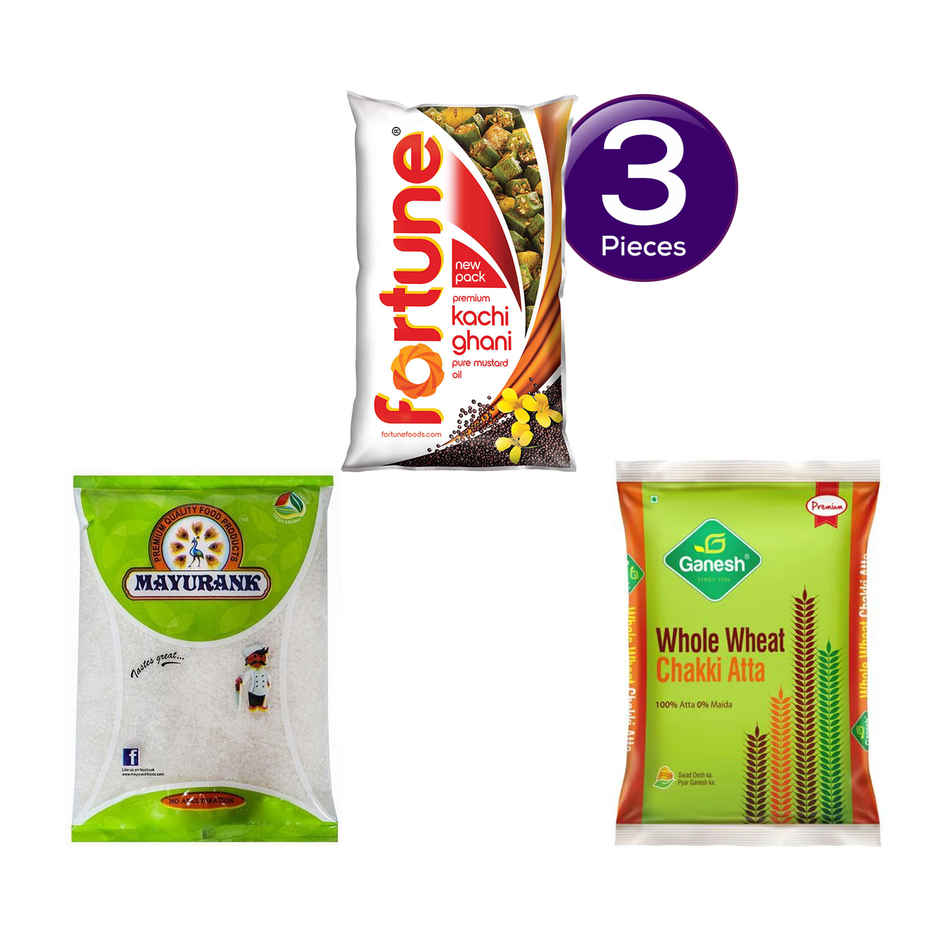 Mayurank Sugar(1 kg), Fortune Premium Kachi Ghani Pure Mustard Oil Pouch(1 l) & Ganesh Whole Wheat Chakki Atta(5 kg) Combo