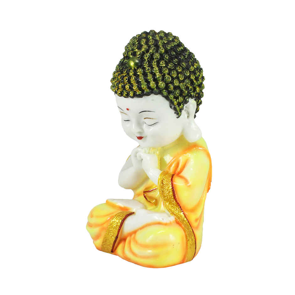 eCraftIndia Yellow And White Polyresin Praying Little Monk Buddha Statue
