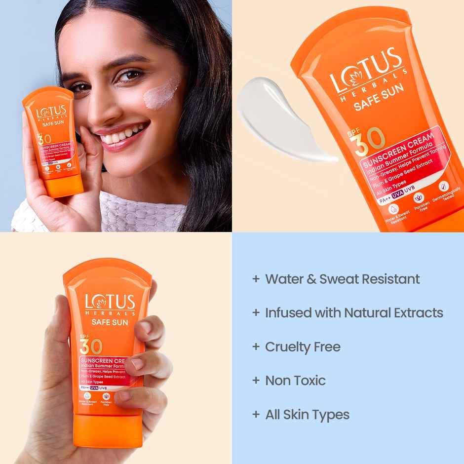 Lotus Herbals Safe Sun Sunscreen Cream Indian Summer Formula SPF 30 PA++ Non-Greasy Sweat & Water Resistant