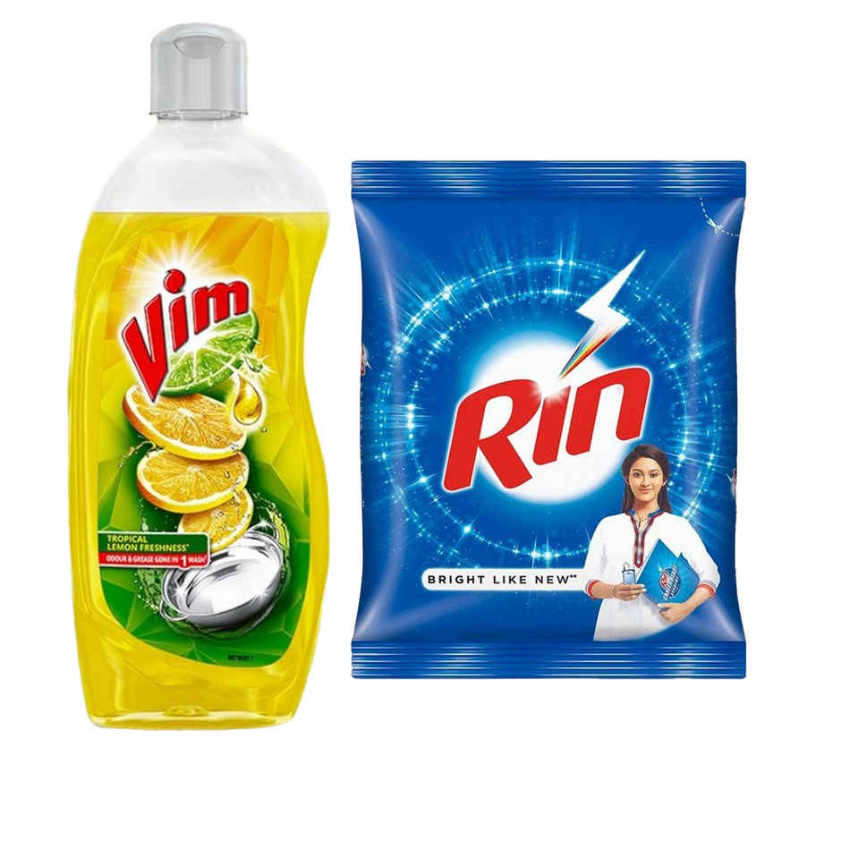 Vim Lemon Dishwash Liquid Gel (500ml) & Rin Detergent Powder (1kg) Combo