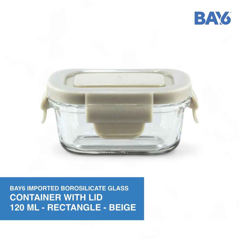 BAY6 Premium Imported Borosilicate Glass Container with Lid 120 ml - Rectangle - Beige