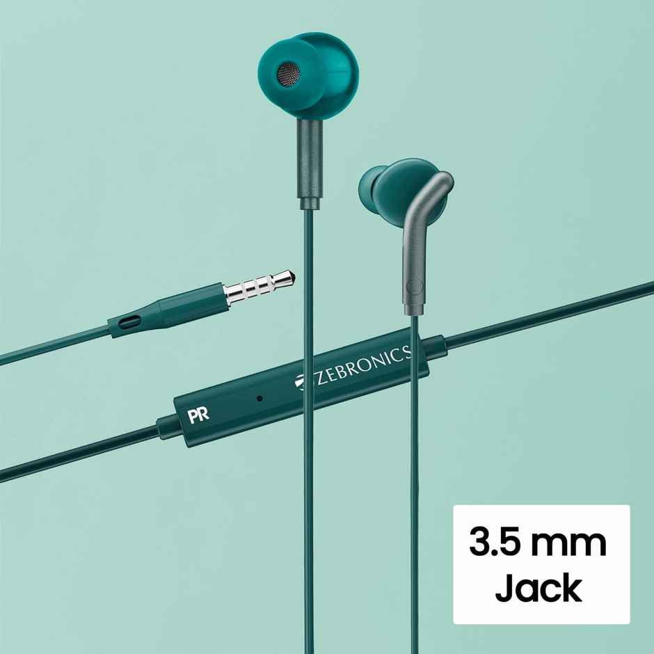 Zebronics Bro Wired Earphones With Mic 3.5Mm Jack 10Mm Drivers Phone Tablet Compatible Green
