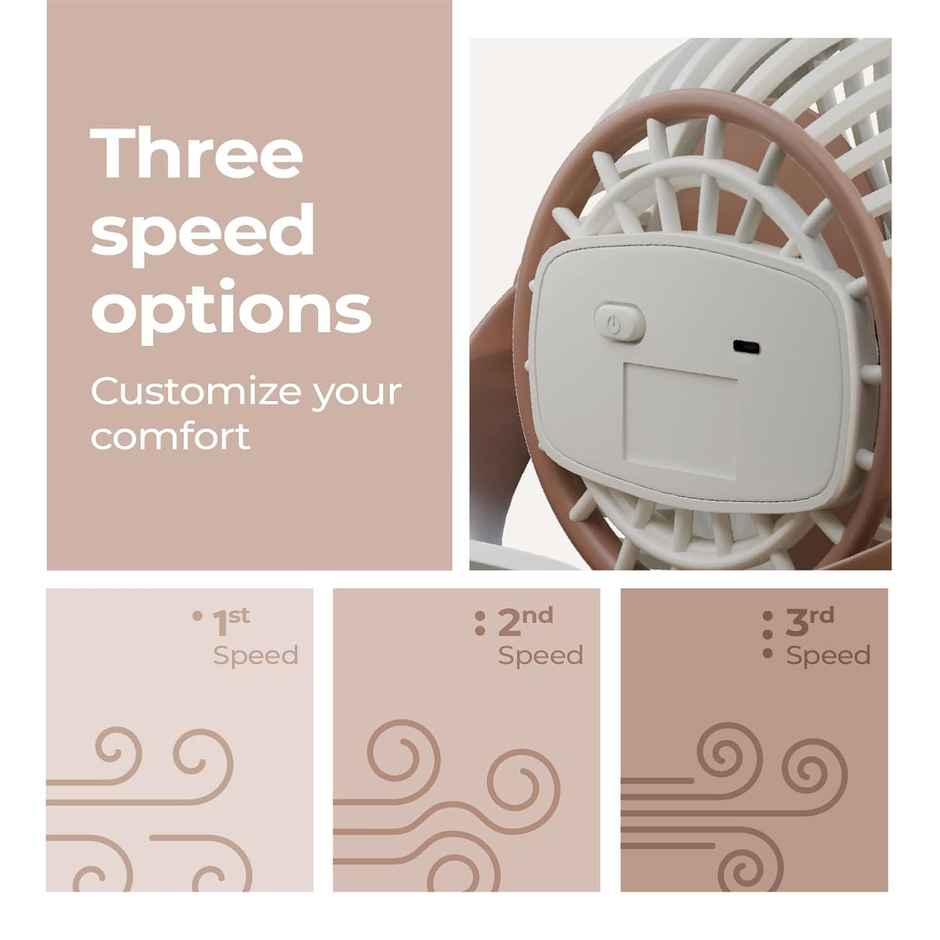 Lifelong Mini USB Fan, 3 Speeds, 2000 mAh Battery , Silent, Type-C, 5Hr Backup | Mocha Brown