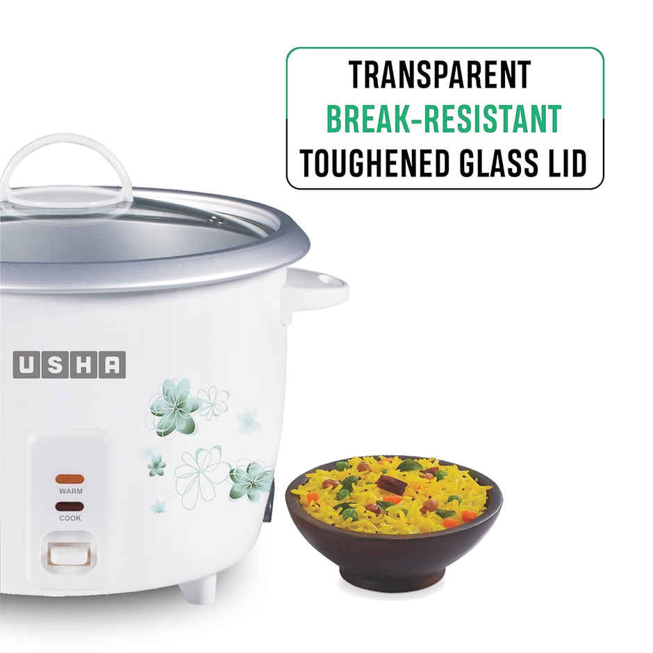 Usha RC10GS1 Steamer 500 Watt Automatic Rice Cooker 1 Litres with Powerful Heating Element, Keep Rice Warm for 5 Hrs, Steamer, Trivet Plate & more accessories,White)