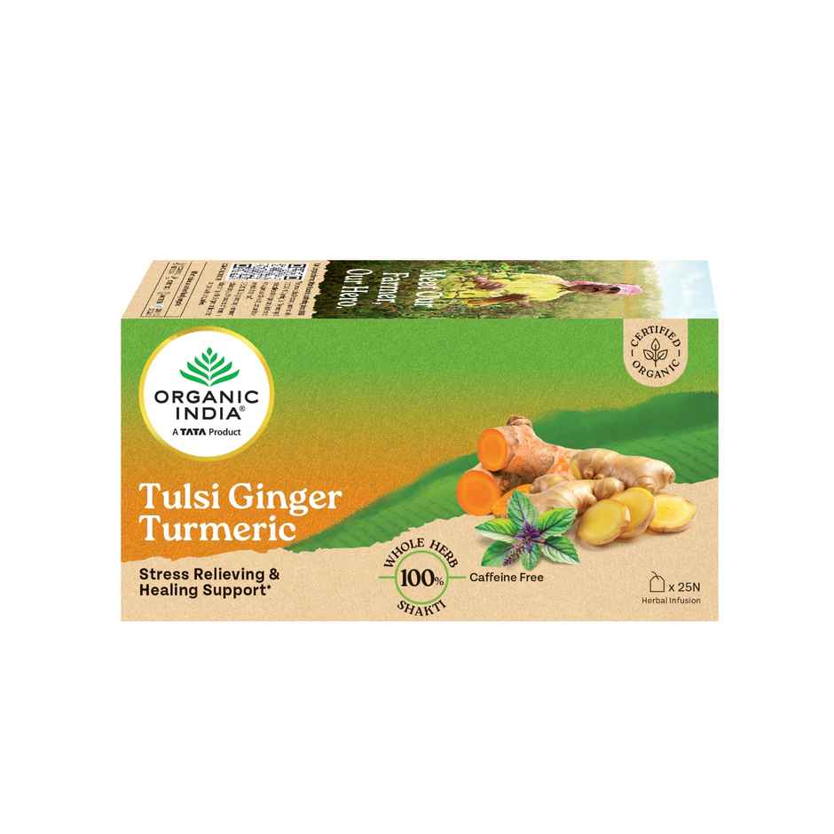 A TATA Product - Organic India Tulsi, Turmeric, Cinnamon, and Pepper Ginger Turmeric - 25 Tea Bags