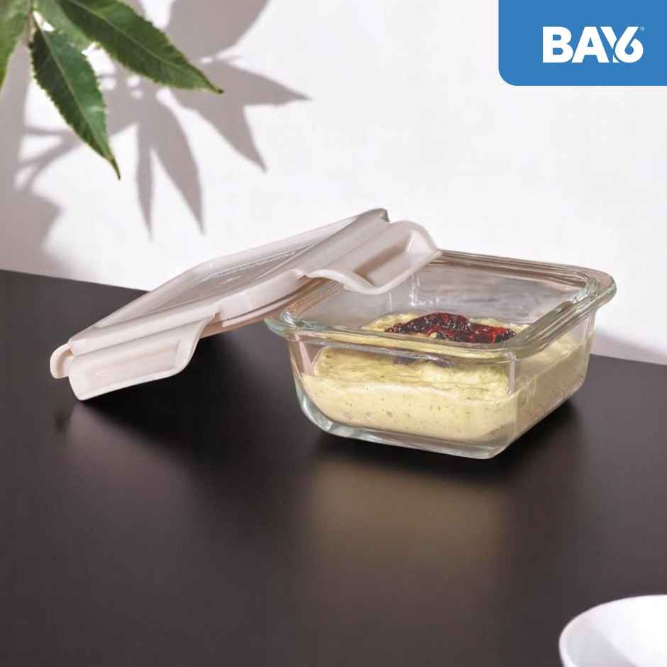 BAY6 Premium Imported Borosilicate Glass Container with Lid 150 ml - Square - Beige