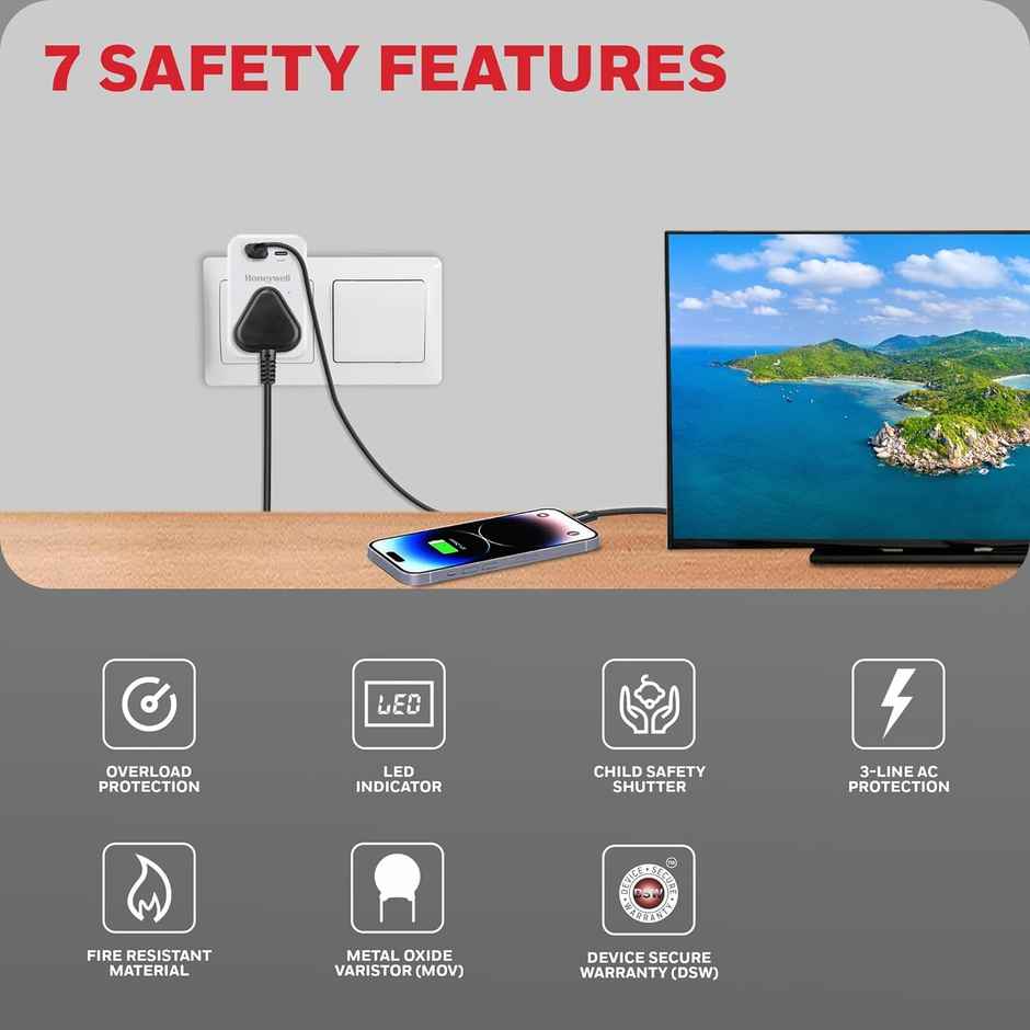 Honeywell 3 Out Surge Cube, Spike Guard, 1 Outlet, PD20W & USB A Port, 7500Amp, Charge On The Go, Device Secure Warranty, Automatic Overload Protection - White