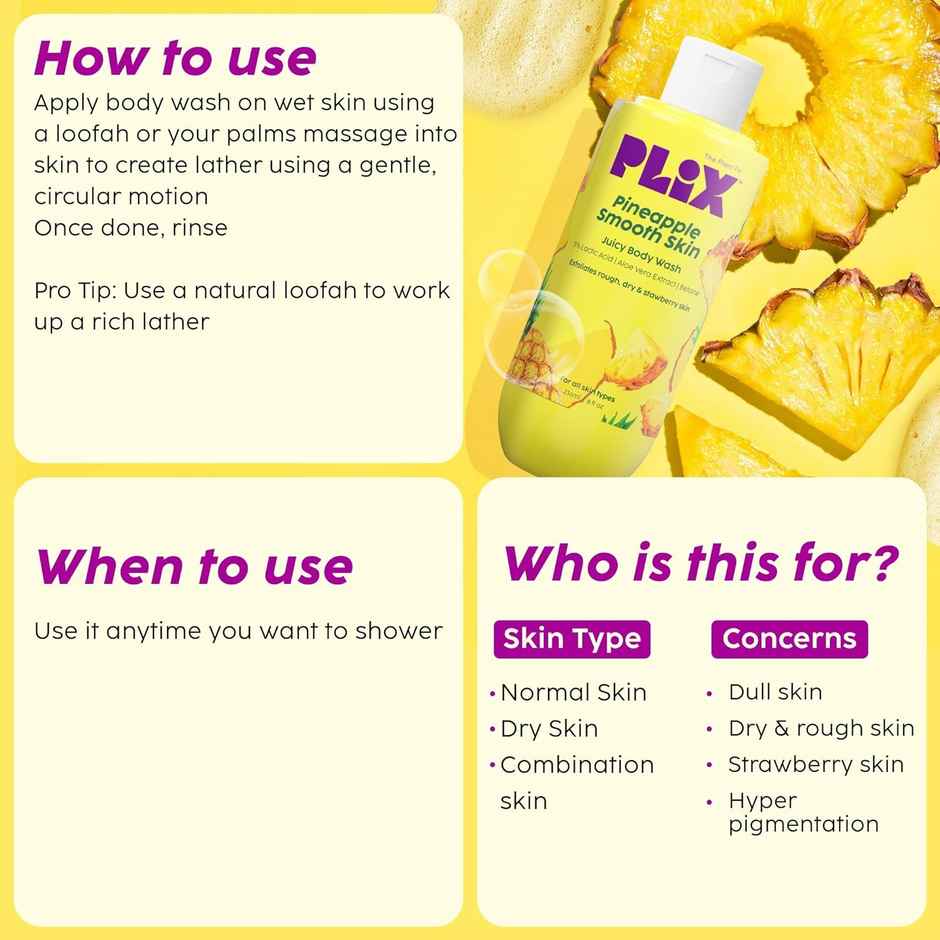 Plix The Plant Fix Pineapple 5% Lactic Acid Exfoliating Body Wash | For Tan Free - Brighter Skin