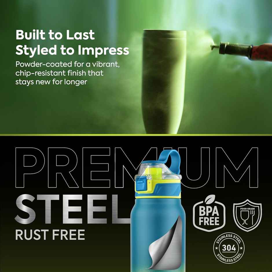 Pexpo Amaze Stainless Steel Vacuum Insulated Hot & Cold Flask | Teal Blue & Neon Yellow | 740 ml