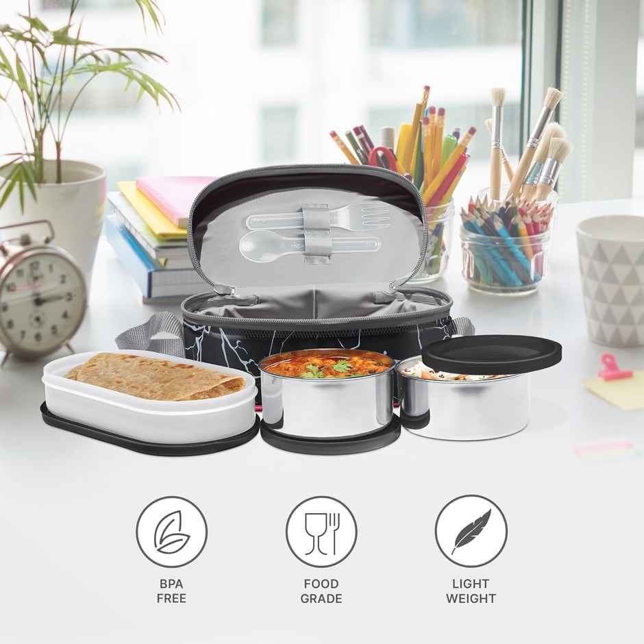 Milton Executive Lunch Box, 2 Round Containers, 280 ml Each, 1 Oval Container, 450 ml, Black