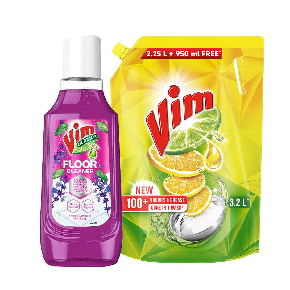 Vim Dishwash Liquid | Removes 100+ Odours & Grease In 1 Wash (3.2l) & Vim French Lavender With Sage Floor Cleaner (500ml) Combo