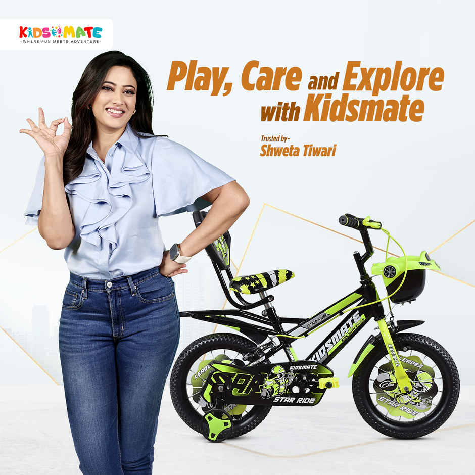 Kidsmate Star Ride 14T Kids Bicycle with Training Wheels | Neon Green
