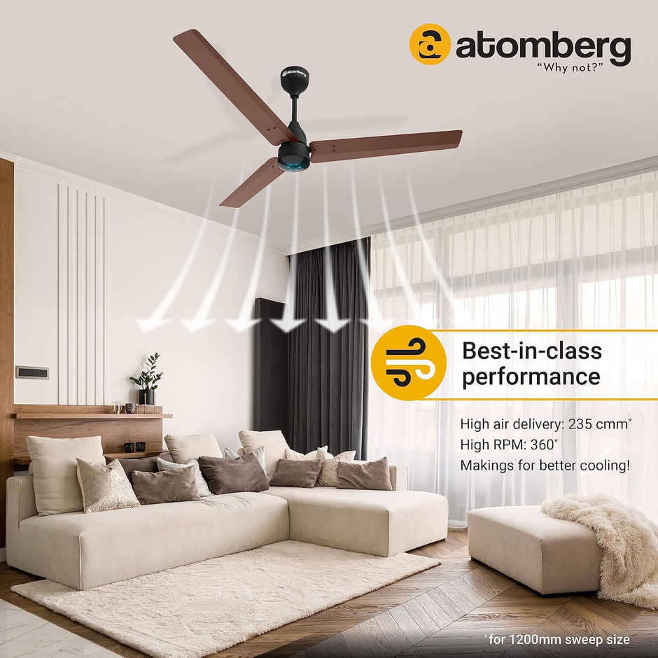 Atomberg Renesa BLDC Ceiling Fan,1200mm,Remote Control,BEE 5 Star,LED Indicators,Brown & Black