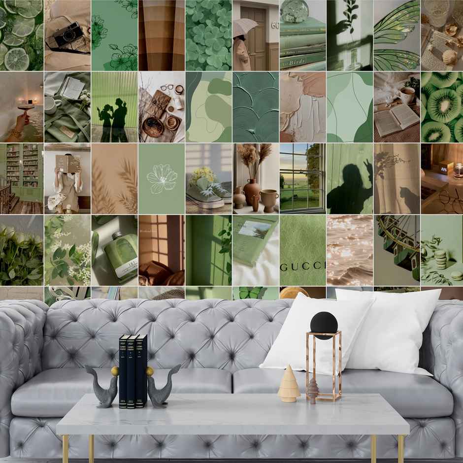 Paper Plane Design Green Beige Aesthetic Wall Posters Collage | Set of 120 | (4 Inch x 6 Inch) D5